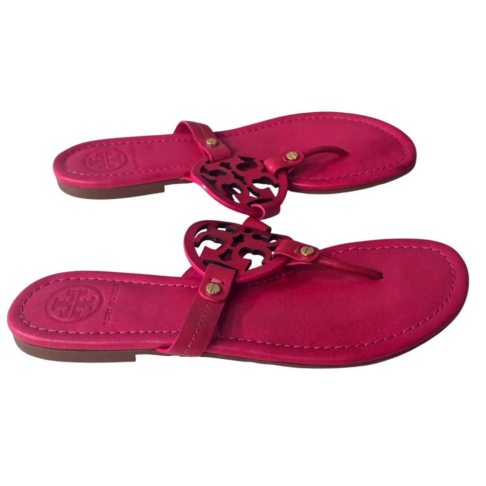 Tory Burch Miller Magenta Pink Leather Logo Thong Sandals Womens size 8M - Picture 2 of 7